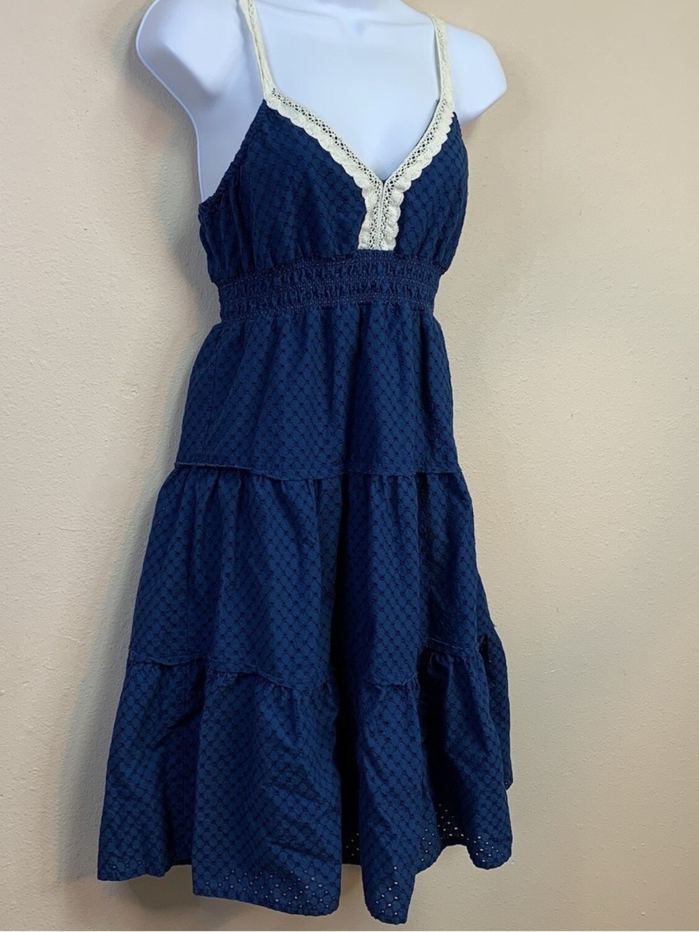 Aeropostale Navy Eyelet Tiered Midi Dress with Cream Lace Trim